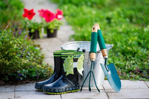 Outdoor landscaping site with weather-aware safety measures